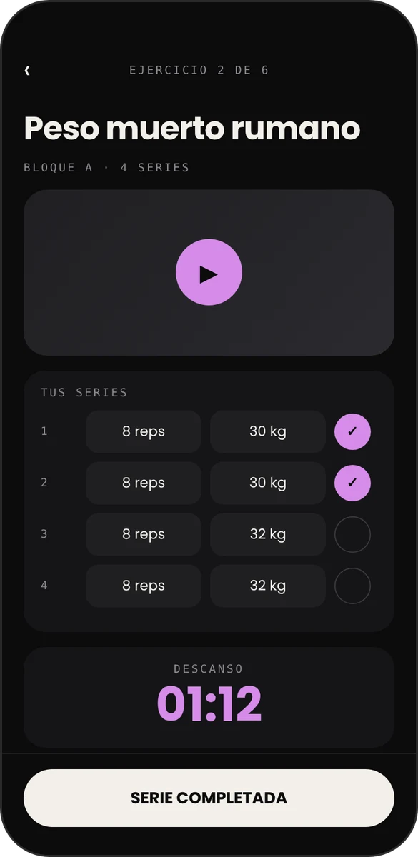 Pantalla Entrená de la app Guada Fit